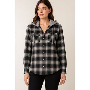 Black & White Plaid Button-Up Shirt With Gray Hood By Miss Selfie S